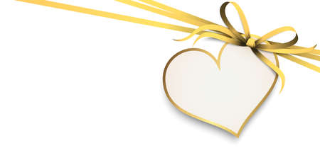 vector illustration of gold colored ribbon bow and gift band with shape of a heart pendant for valentine love greetings isolated on white backgroundのイラスト素材