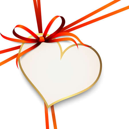 vector illustration of red colored ribbon bow and gift band with shape of a heart pendant for valentine love greetings isolated on white backgroundのイラスト素材