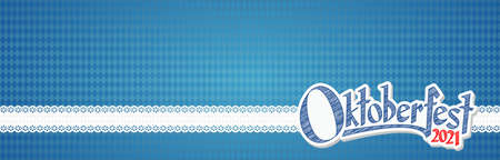 Oktoberfest background with blue-white checkered pattern, banner and text Oktoberfest 2021 (in german)のイラスト素材