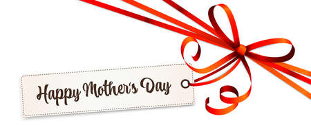 vector illustration of red colored ribbon bow and gift band isolated on white background with hang tag and greetings for mothers dayのイラスト素材