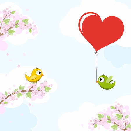 vector file with yellow and green colored birds in love, flying and sitting on branches with blossoms and green leaves in spring time, background with sky and light cloudsのイラスト素材