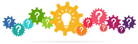 vector illustration of colored gears symbolizing cooperation or teamwork process with question marks and glowing light bulb for great solution ideaのイラスト素材