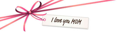 vector illustration of pink colored ribbon bow and gift band isolated on white background with hang tag and greetings for mothers dayのイラスト素材