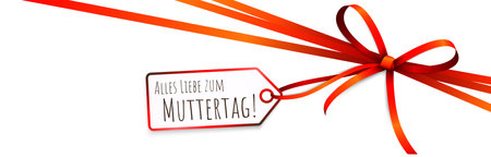 vector illustration of red colored ribbon bow and gift band isolated on white background with hang tag and greetings for mothers day (german text)のイラスト素材
