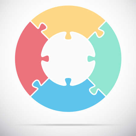 vector illustration of round colored puzzle symbolizing cooperation or teamwork process with white base, four options ideaのイラスト素材