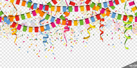 EPS 10 vector illustration of colored happy garlands, streamers and confetti on transparent background (transparency in vector file) for carnival party or birthday template usageのイラスト素材