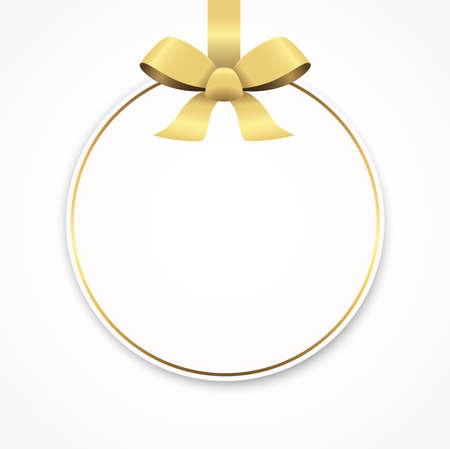 eps vector illustration of round cardboard hang tag with shadow and free space for greetings and beautiful styled ribbon bow colored goldのイラスト素材