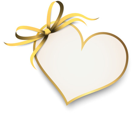 EPS 10 vector illustration of gold colored ribbon bow and gift band with shape of a heart pendant for valentine love greetings isolated on white backgroundのイラスト素材