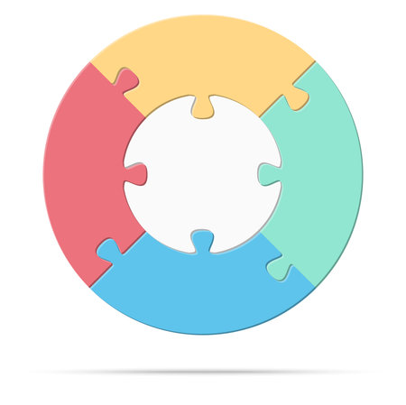 eps vector illustration of round colored puzzle symbolizing cooperation or teamwork process with white base, four options ideaのイラスト素材