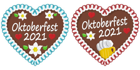 illustrated gingerbread hearts with text in german for Oktoberfest 2021 2022 timeのイラスト素材
