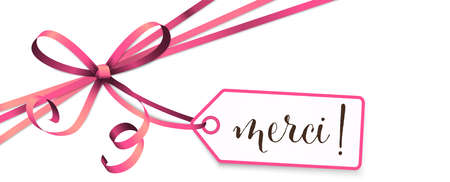 EPS 10 vector illustration of pink colored ribbon bow and gift band isolated on white background with hang tag and greetings "thanks" (french text merci)のイラスト素材