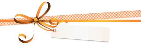 EPS 10 vector illustration of orange colored ribbon bow and gift band with pendant isolated on white backgroundのイラスト素材