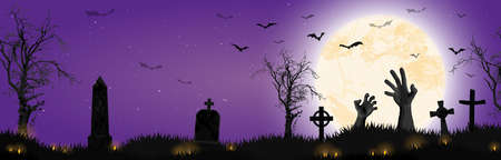 EPS 10 vector illustration with undead hands in front of full moon with scary illustrated elements for Halloween background layoutsのイラスト素材