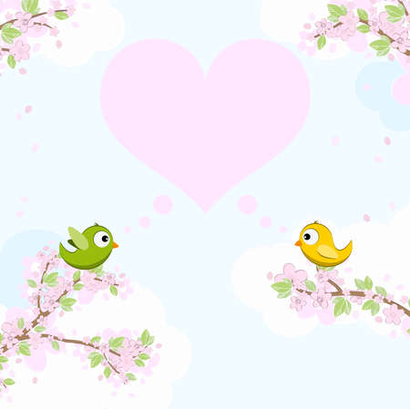 eps vector file with green and yellow colored birds in love, sitting on branches with blossoms and green leaves in spring time, big heart thought bubble, background with sky and light cloudsのイラスト素材