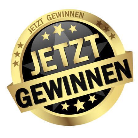 EPS 10 vector with round colored button with banner and text win now (in german)のイラスト素材