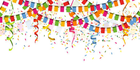 EPS 10 vector illustration of seamless colored happy garlands, confetti and streamers on white background for carnival party or birthday template usageのイラスト素材
