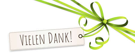EPS 10 vector illustration of green colored ribbon bow and gift band isolated on white background with hang tag and greetings "thanks" (text German)のイラスト素材