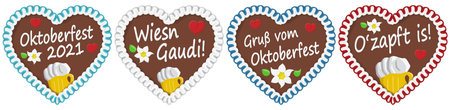 four illustrated gingerbread hearts with text in german for Oktoberfest 2021 2022 timeのイラスト素材