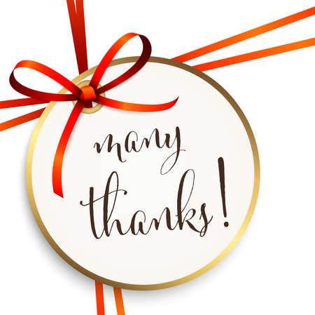 EPS 10 vector illustration of red colored ribbon bow and gift band isolated on white background with hang tag and greetings "thanks"のイラスト素材