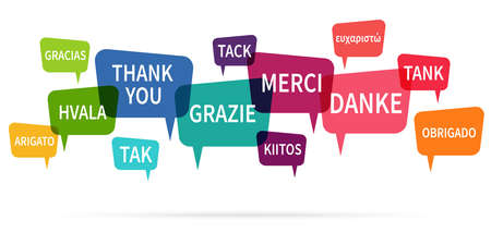 EPS 10 vector illustration of colored speech bubbles row isolated on white background with greetings text "thanks" in different languagesのイラスト素材