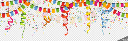 EPS 10 vector illustration of colored happy garlands, streamers and confetti on transparent background (transparency in vector file) for carnival party or birthday template usageのイラスト素材