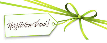EPS 10 vector illustration of green colored ribbon bow and gift band isolated on white background with hang tag and greetings "thanks" (text German)のイラスト素材