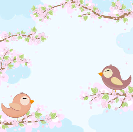 eps vector file with red and blue colored birds in love sitting on branches with blossoms and green leaves in spring time, background with sky and light cloudsのイラスト素材