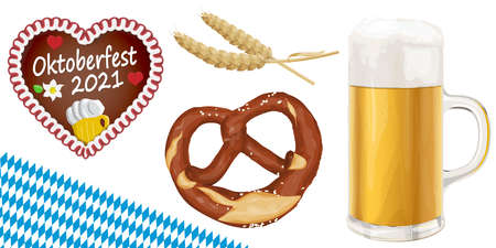Collection of typical illustrated Oktoberfest objects, beer, pretzel, wheat and gingerbread heart for beer garden time 2021のイラスト素材