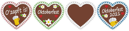 four illustrated gingerbread hearts with text in german for Oktoberfest 2021 2022 timeのイラスト素材