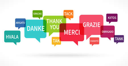 EPS 10 vector illustration of colored speech bubbles row isolated on white background with greetings text "thanks" in different languagesのイラスト素材