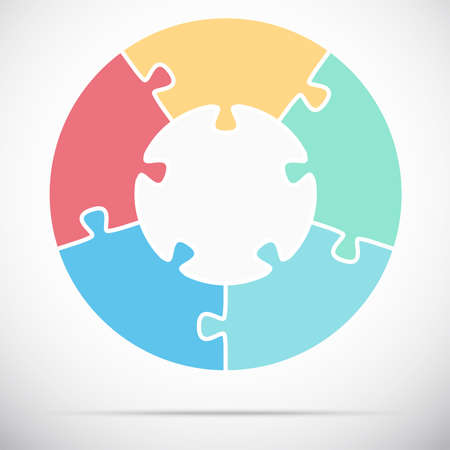 eps vector illustration of round colored puzzle symbolizing cooperation or teamwork process with white base, five options ideaのイラスト素材