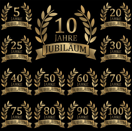 eps vector file with golden laurel wreath collection on black background for success or firm jubilee with text 5 to 100 years (german text)のイラスト素材
