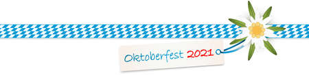EPS 10 vector illustration of white and blue checkered banner with Edelweiss flower and hang tag for German Oktoberfest time 2021のイラスト素材