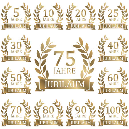 eps vector file with golden laurel wreath collection on white background for success or firm jubilee with text 5 to 100 years (german text)のイラスト素材