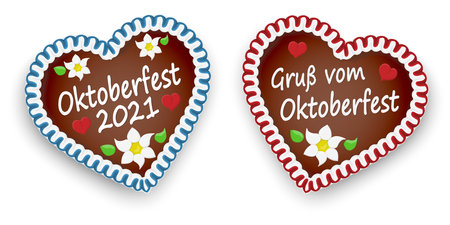 illustrated gingerbread heart with text greetings from Oktoberfest (in german) for Oktoberfest 2021 2022 timeのイラスト素材