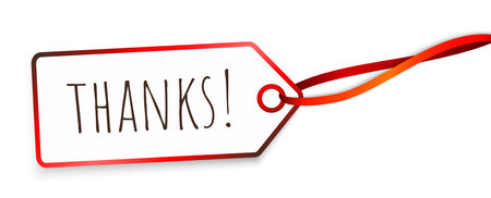 EPS 10 vector illustration of hang tag and red colored ribbon band isolated on white background with greetings "thanks"のイラスト素材