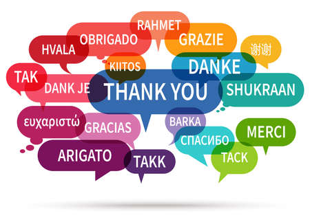 EPS 10 vector illustration of colored speech bubbles cloud isolated on white background with greetings text "thanks" in different languagesのイラスト素材