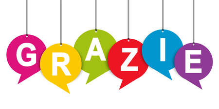 EPS 10 vector illustration of colored speech bubble hang tags isolated on white background with greetings text "thanks" (text italian)のイラスト素材