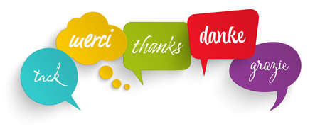 EPS 10 vector illustration of colored speech bubbles row isolated on white background with greetings text "thanks" in different languagesのイラスト素材