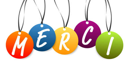 EPS 10 vector illustration of colored hang tags isolated on white background with greetings text "thanks" (text french)のイラスト素材