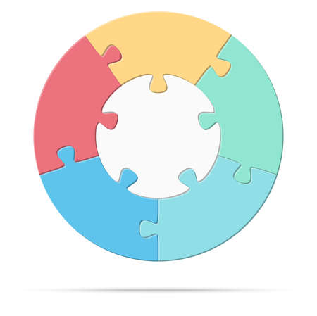 eps vector illustration of round colored puzzle symbolizing cooperation or teamwork process with white base, five options ideaのイラスト素材
