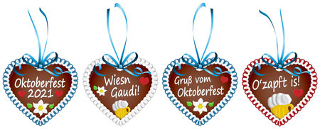 four illustrated gingerbread hearts with blue ribbon bow and text in german for Oktoberfest 2021 timeのイラスト素材