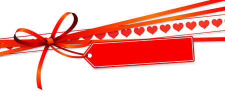 EPS 10 vector illustration of red colored ribbon bow and gift band with hearts and pendant isolated on white background for happy valentine or love conceptsのイラスト素材