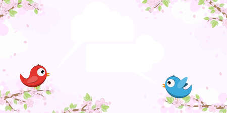 eps vector file with red and blue colored birds in love, sitting on branches with blossoms and green leaves in spring time, talking with speech bubbles, background with sky and light cloudsのイラスト素材