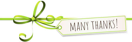 EPS 10 vector illustration of green colored ribbon bow and gift band isolated on white background with hang tag and greetings "thanks"のイラスト素材