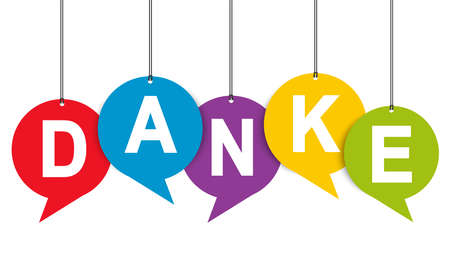 vector illustration of colored speech bubble hang tags isolated on white background with greetings text "thanks" (text german)のイラスト素材