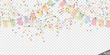 vector illustration of colored happy garlands and confetti on transparent background (transparency in vector file) for carnival party or birthday template usageのイラスト素材