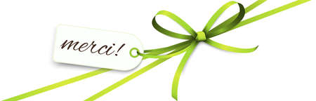 vector illustration of green colored ribbon bow and gift band isolated on white background with hang tag and greetings "thanks" (french text merci)のイラスト素材
