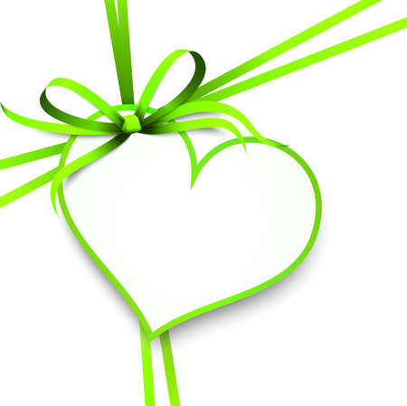 vector illustration of green colored ribbon bow and gift band with shape of a heart pendant for valentine love greetings isolated on white backgroundのイラスト素材