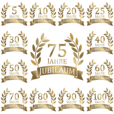 eps vector file with golden laurel wreath collection on white background for success or firm jubilee with text 5 to 100 years (german text)のイラスト素材